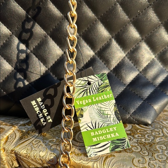 Badgley Mischka Black Quilted Tote Bag with Gold Chain by - Picture 6 of 6